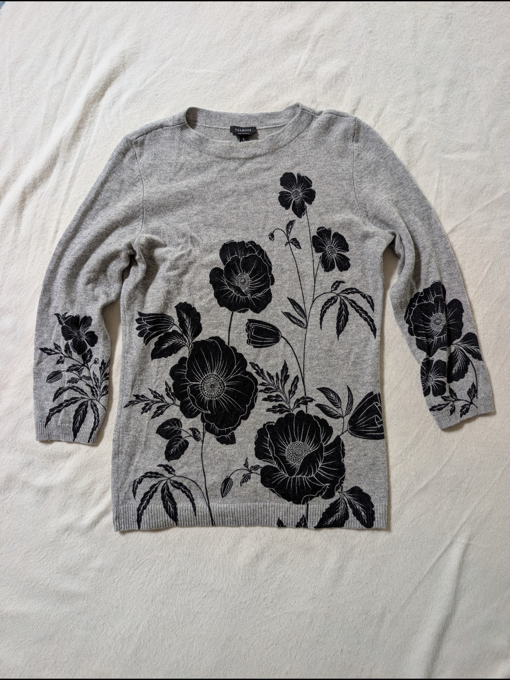 Talbots 100% Cashmere Gray Floral Sweater with Black Floral Print S - Picture 3 of 9